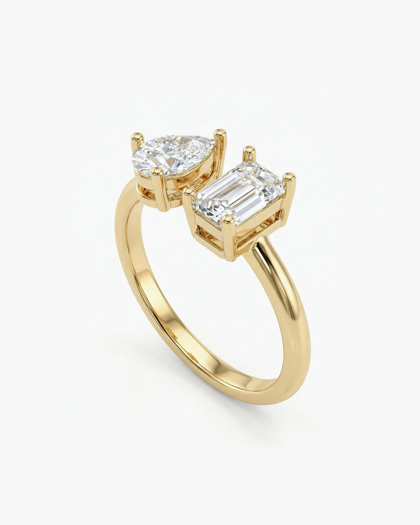 Two Stone Ring | Emerald & Pear Cut Moissanite Engagement Ring | Solid Gold Bridal Jewelry | Toi Et Moi Ring | Anniversary Gift image #3