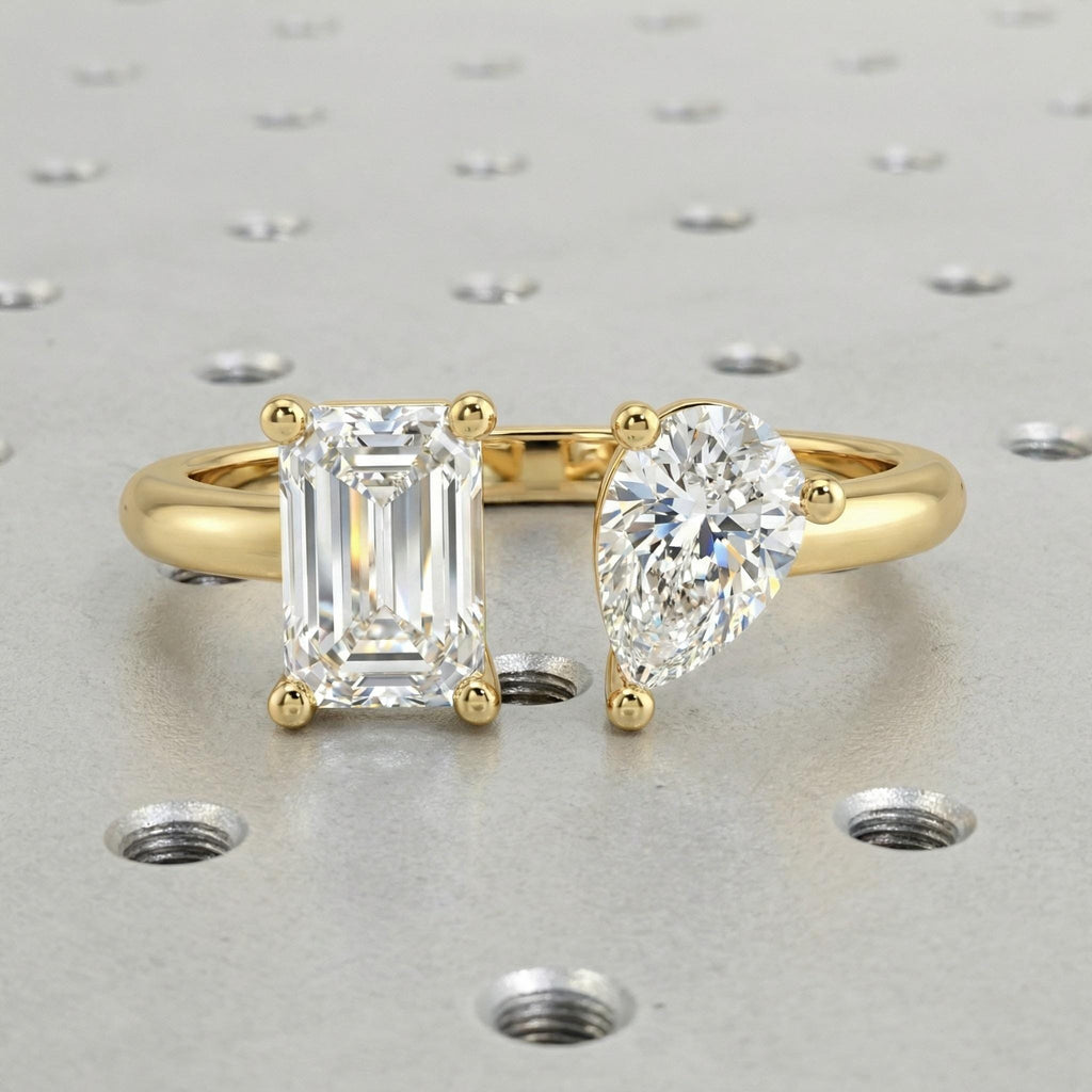 Two Stone Ring | Emerald & Pear Cut Moissanite Engagement Ring | Solid Gold Bridal Jewelry | Toi Et Moi Ring | Anniversary Gift image #4