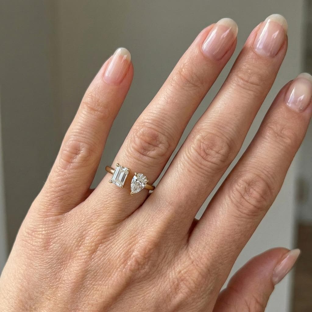 Two Stone Lab Diamond Ring | Emerald & Pear Cut Engagement Ring | Solid Gold Bridal Jewelry | Toi Et Moi Ring | Anniversary Gift image #3