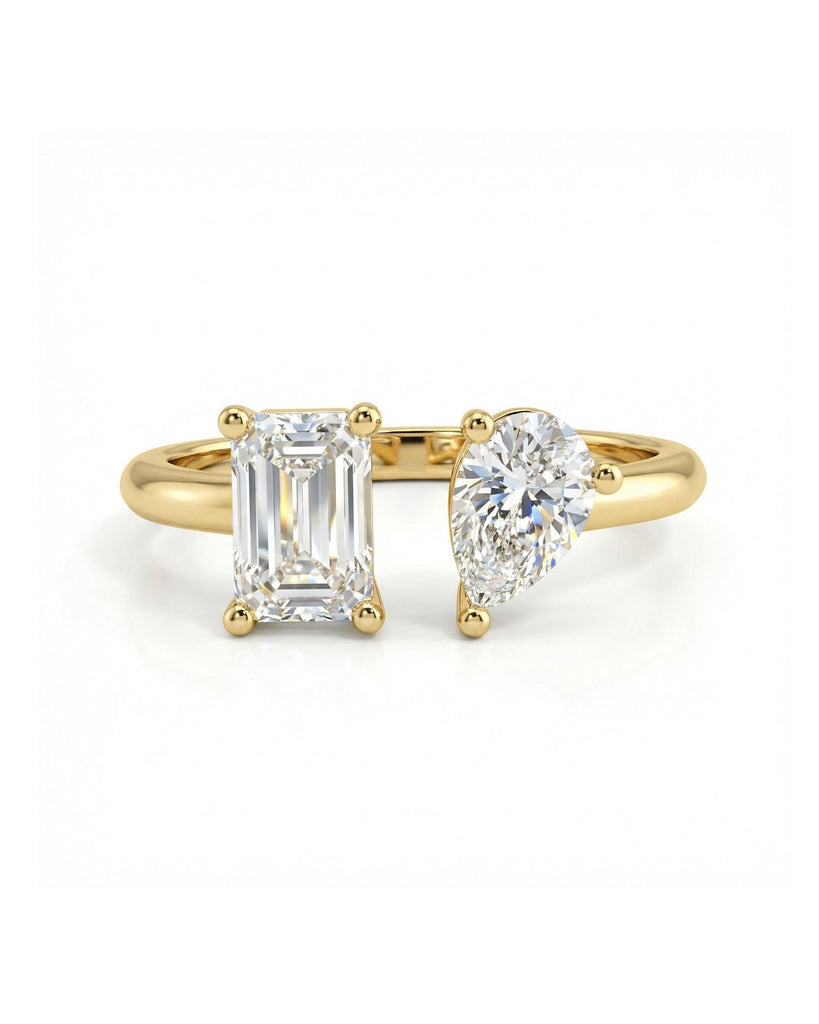 Two Stone Lab Diamond Ring | Emerald & Pear Cut Engagement Ring | Solid Gold Bridal Jewelry | Toi Et Moi Ring | Anniversary Gift image #2