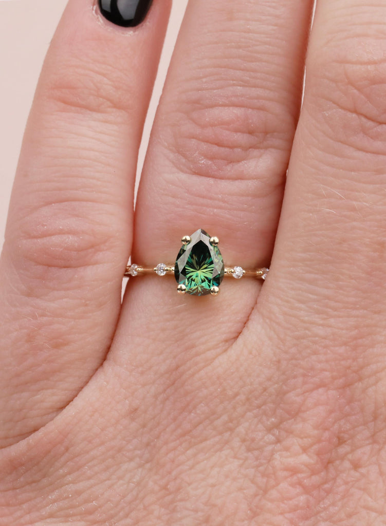 Pear Green Moissanite Engagement Ring, 14k/18K Yellow Gold, Round Moissanite Diamond Gold Band image #1