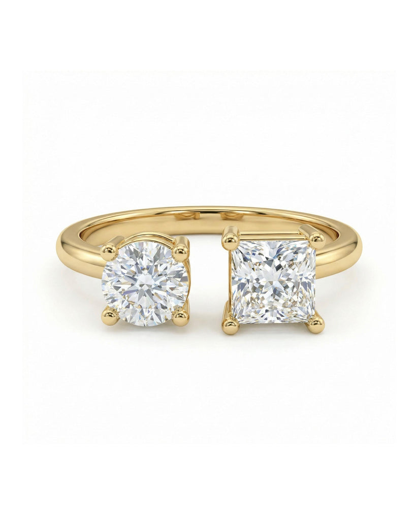 Two Stone Lab Diamond Ring | 0.5ct Round & Square Cut Engagement Ring | Solid Gold Bridal Jewelry | Toi Et Moi Ring | Anniversary Gift