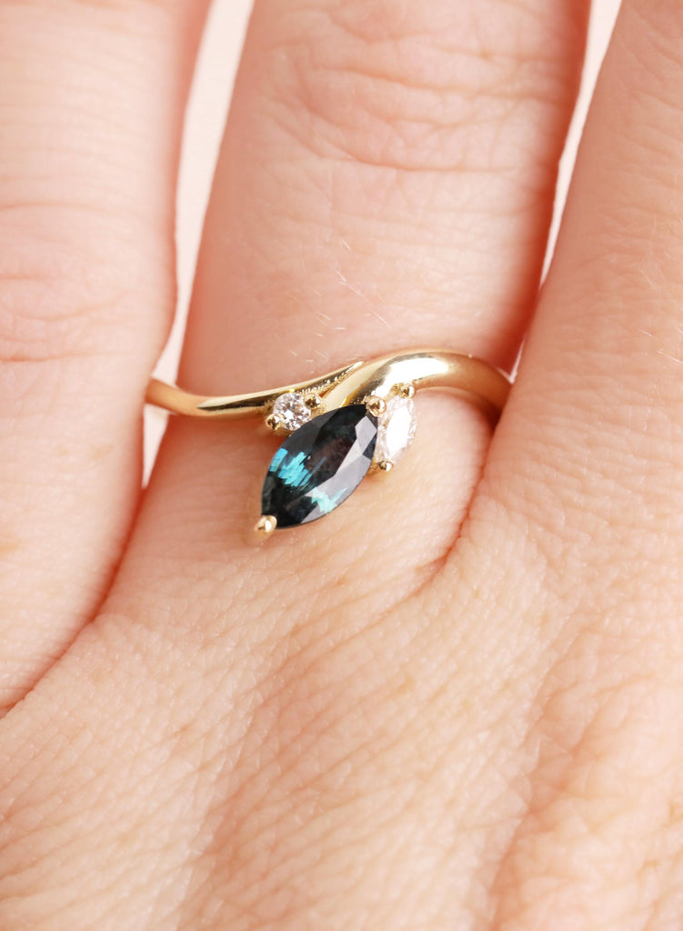 Vintage Marquise Teal Sapphire Engagement Ring: 14K Gold, Round Side Diamond / Lab Diamond / Moissanite