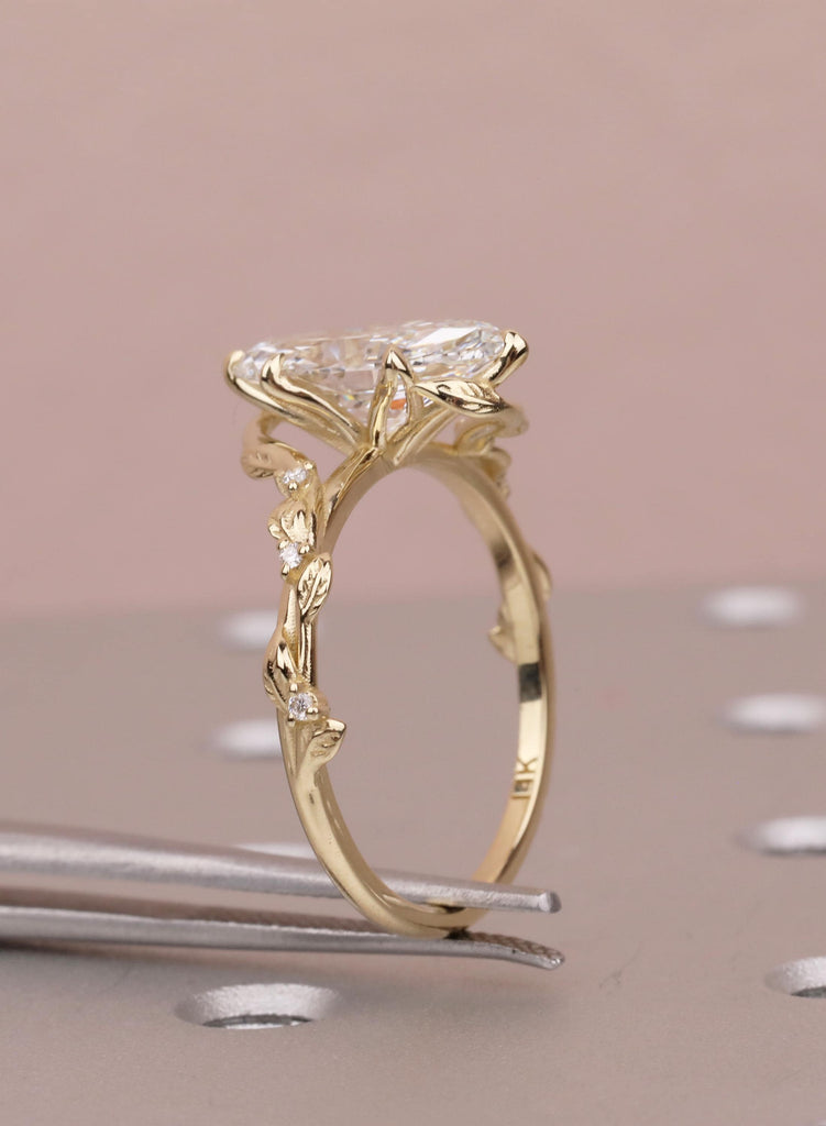 Marquise Moissanite Engagement Ring, 14K Yellow Gold, Art Deco Vine Leaf Ring, Flower Petal Prong Organic Promise Anniversary Ring For Her image #4