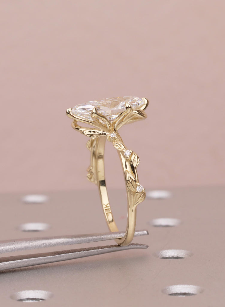 Marquise Moissanite Engagement Ring, 14K Yellow Gold, Art Deco Vine Leaf Ring, Flower Petal Prong Organic Promise Anniversary Ring For Her image #3