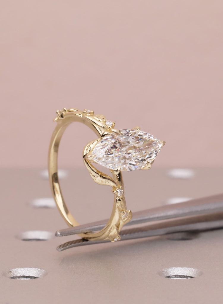Marquise Moissanite Engagement Ring, 14K Yellow Gold, Art Deco Vine Leaf Ring, Flower Petal Prong Organic Promise Anniversary Ring For Her image #7