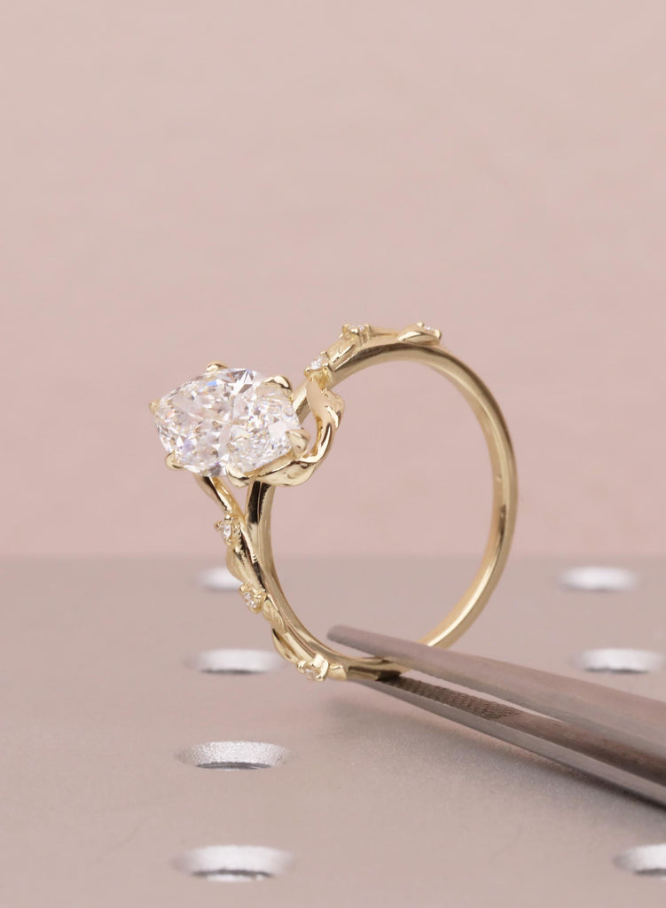 Marquise Moissanite Engagement Ring, 14K Yellow Gold, Art Deco Vine Leaf Ring, Flower Petal Prong Organic Promise Anniversary Ring For Her image #9