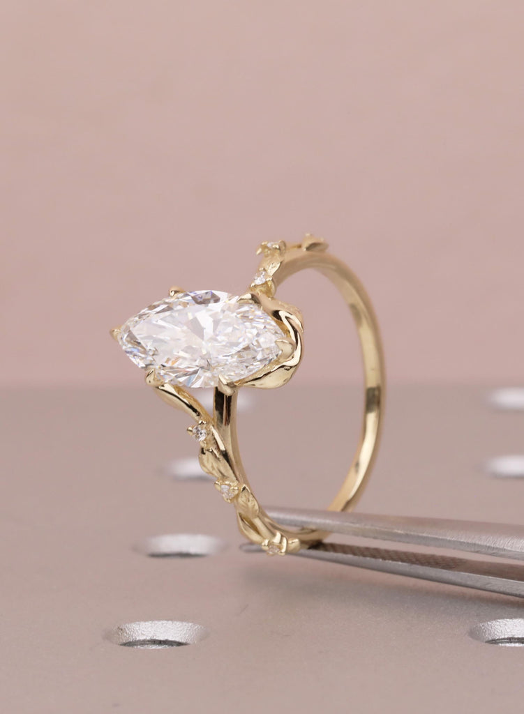 Marquise Moissanite Engagement Ring, 14K Yellow Gold, Art Deco Vine Leaf Ring, Flower Petal Prong Organic Promise Anniversary Ring For Her image #8