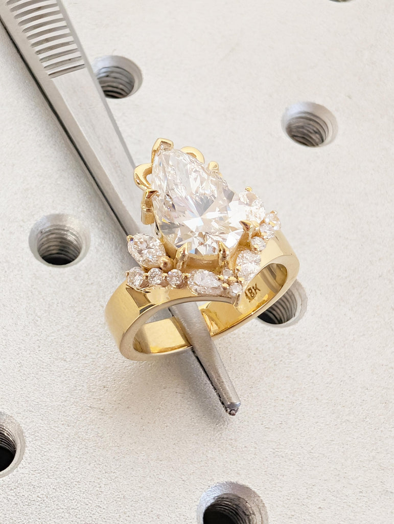Art Deco Lab Grown Diamond Ring, Pear Shaped Engagement Ring, Vintage Style 18k Solid Gold Anniversary Rings for Women, Diamond Cluster Ring image #18