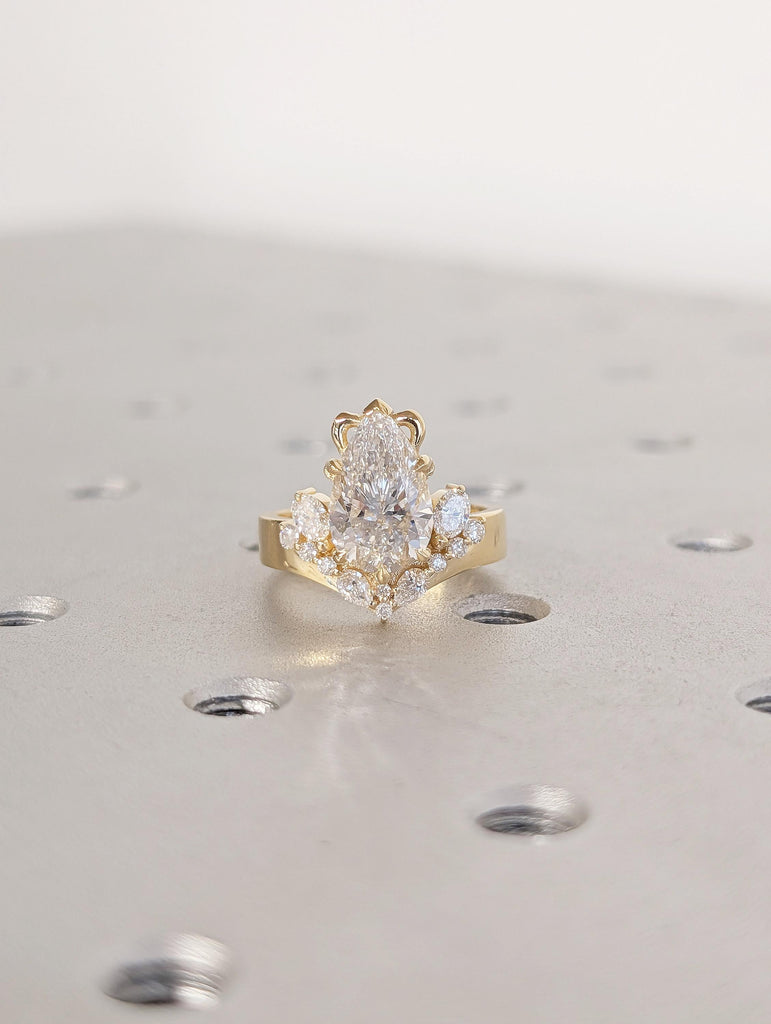 Art Deco Lab Grown Diamond Ring, Pear Shaped Engagement Ring, Vintage Style 18k Solid Gold Anniversary Rings for Women, Diamond Cluster Ring image #19