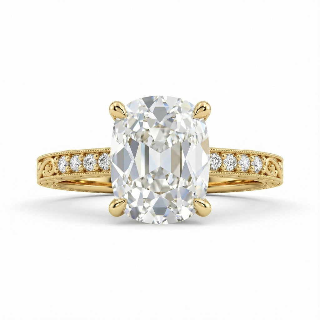 Vintage Old Mine cut Moissanite Engagement Ring | Long Cushion Cut Moissanite Promise Ring | 14K Yellow Gold Filigree Engraving Wedding Band image #1