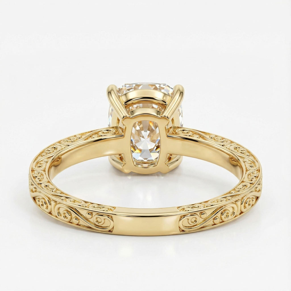Vintage Old Mine cut Moissanite Engagement Ring | Long Cushion Cut Moissanite Promise Ring | 14K Yellow Gold Filigree Engraving Wedding Band image #4