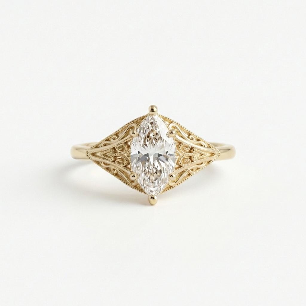 Vintage Filigree Marquise cut Moissanite Engagement Ring | Art Deco Yellow Gold Wedding Ring For Women | Anniversary Gift for Wife image #2