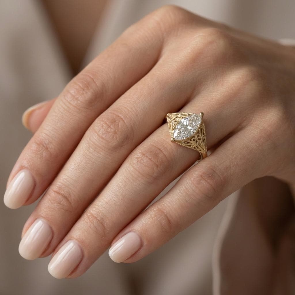 Vintage Filigree Marquise cut Moissanite Engagement Ring | Art Deco Yellow Gold Wedding Ring For Women | Anniversary Gift for Wife image #4