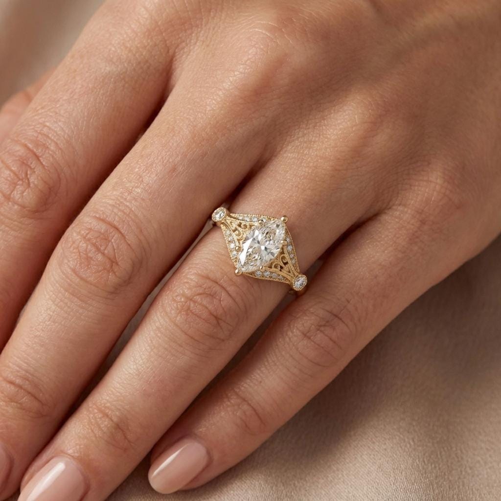 Gold Heirloom Lab Diamond Engagement Ring, Marquise Cut Victorian Filigree Band, Antique Proposal Ring, Women's Wedding Anniversary Ring image #2