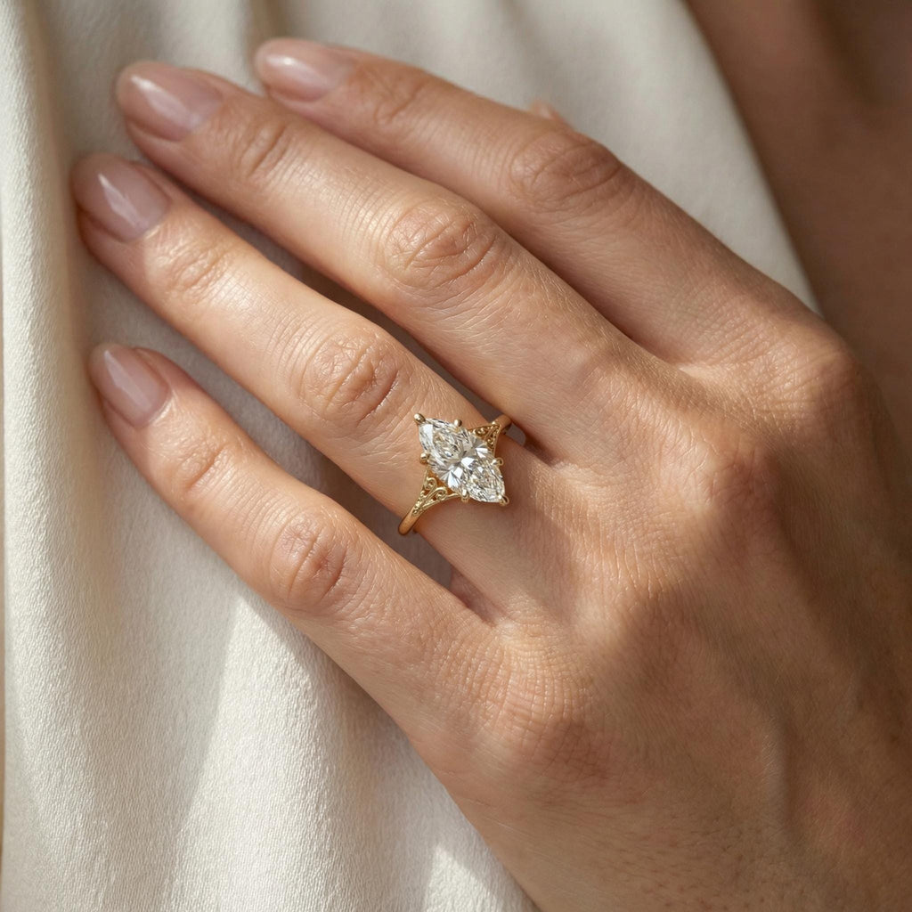 Vintage Lab Diamond Marquise Cut Victorian Filigree Ring, Gold Heirloom Proposal Ring, Custom Women's Wedding Anniversary Ring image #2