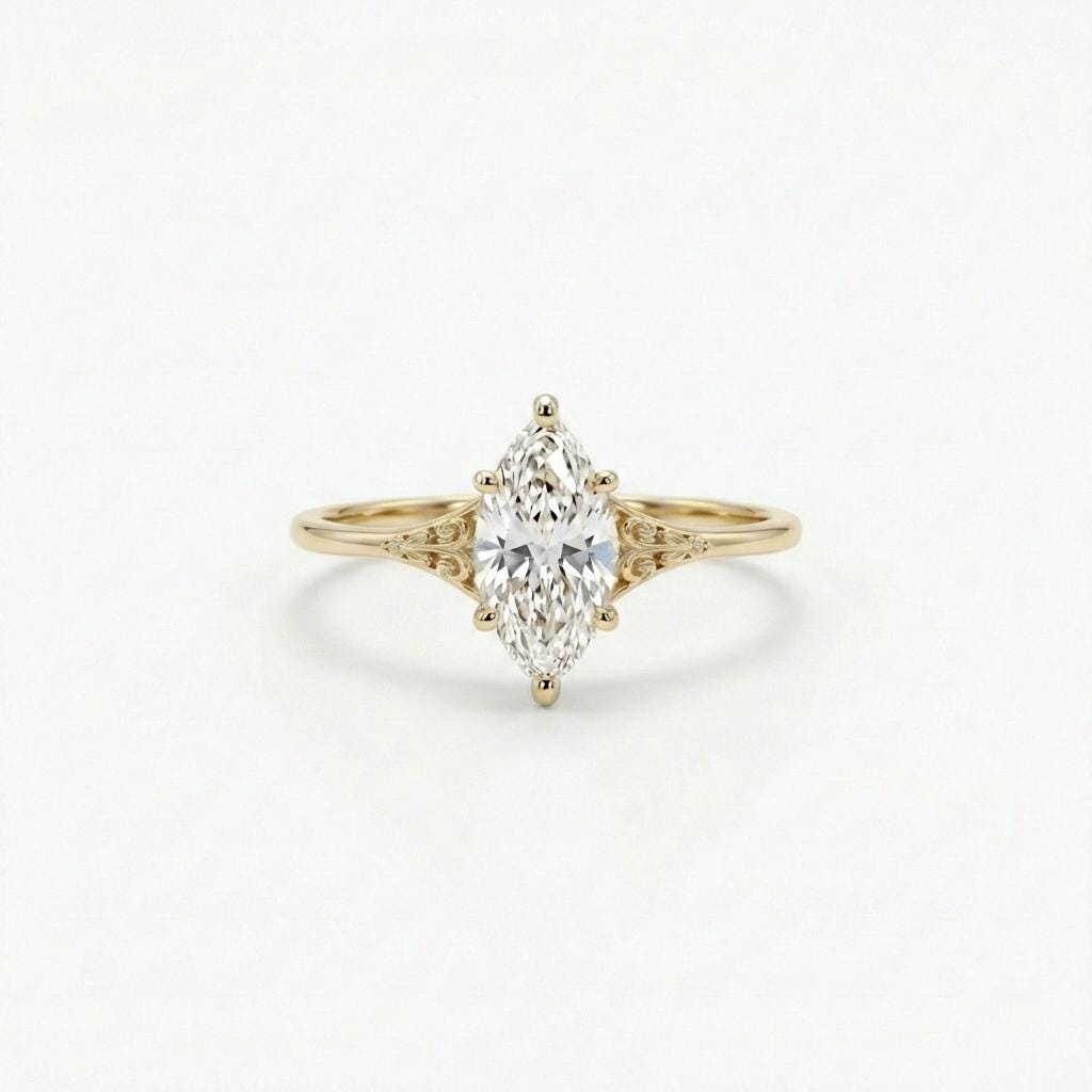 Vintage Victorian Filigree Moissanite Ring, 14K Solid Gold Solitaire Marquise Cut Moissanite Engagement Ring image #4