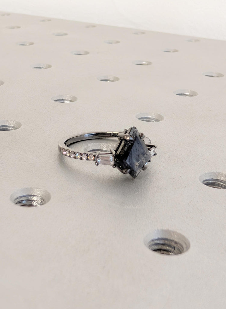Salt and Pepper Diamond, Raw Diamond Kite Ring, Art Deco Round Cut Baguette Diamond Pave Band, 14K Gold Ring, Rings for Women One of a Kind image #9