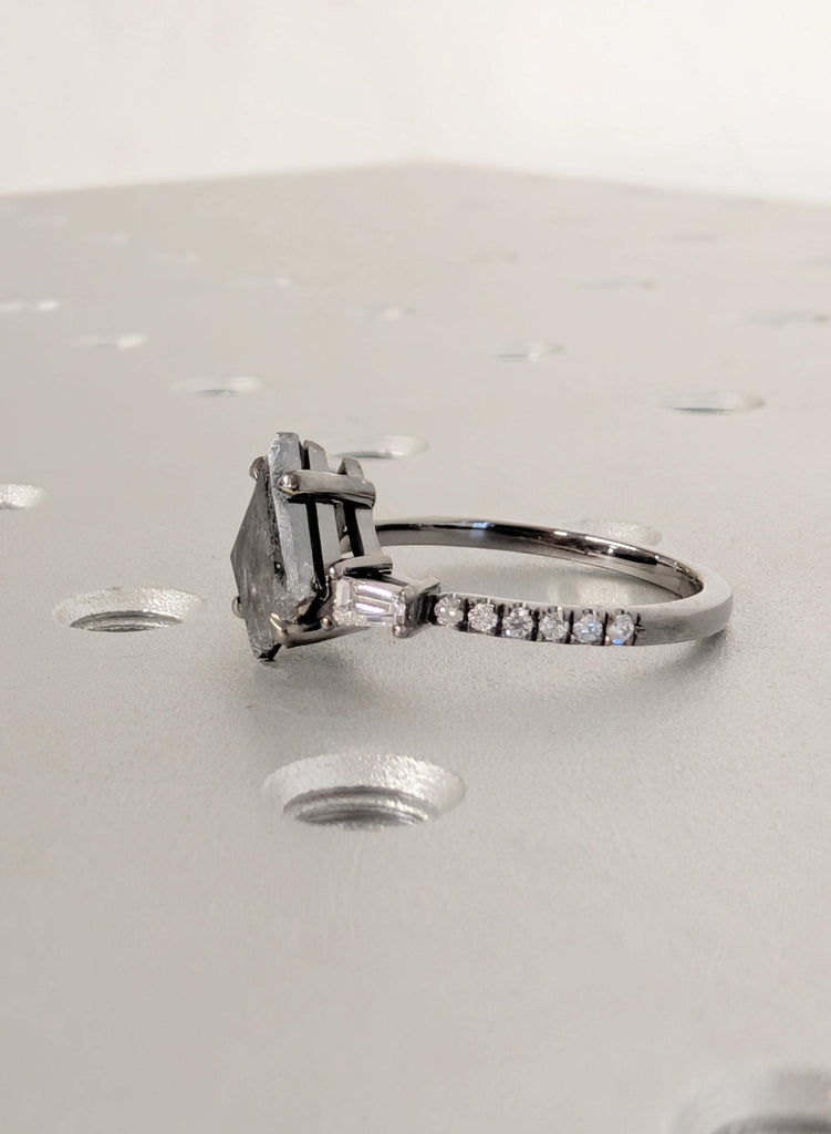 Salt and Pepper Diamond, Raw Diamond Kite Ring, Art Deco Round Cut Baguette Diamond Pave Band, 14K Gold Ring, Rings for Women One of a Kind image #13