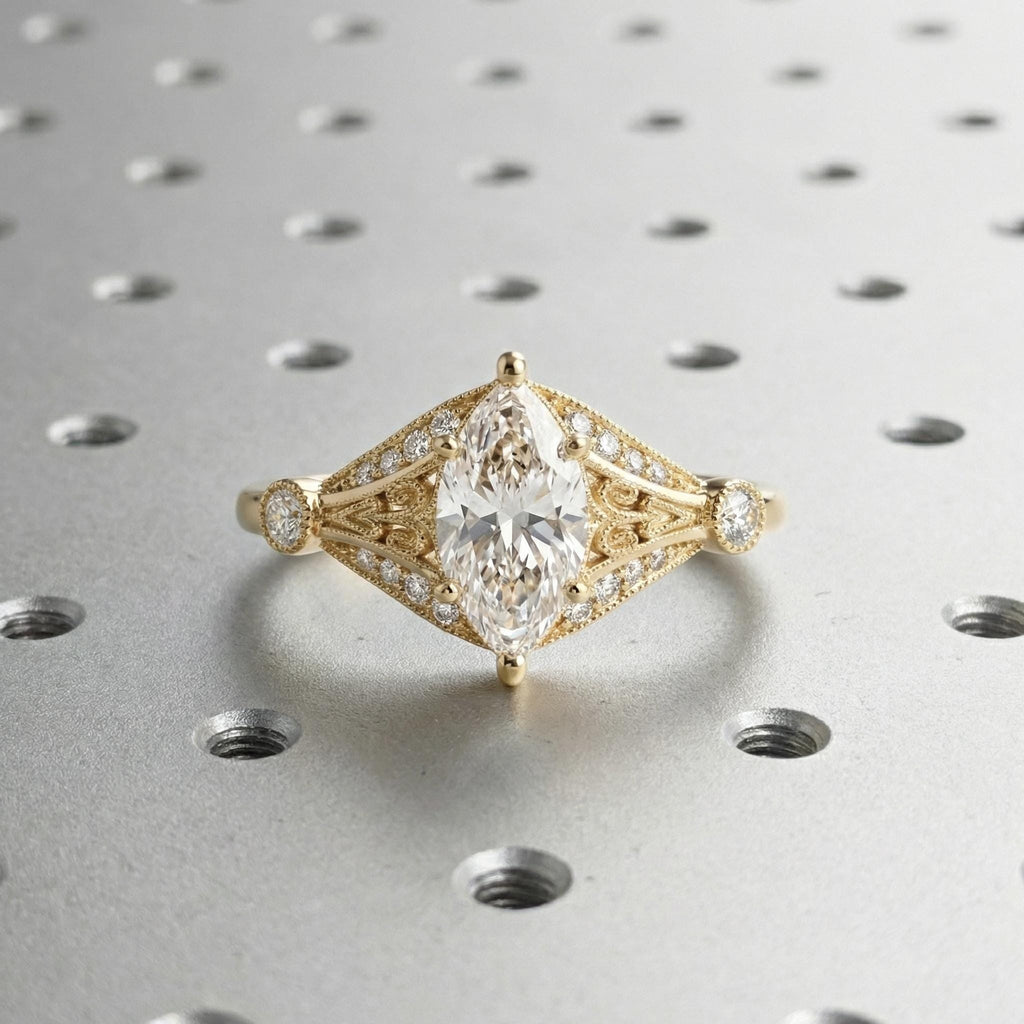 Victorian Style Marquise Cut Moissanite Ring, Antique Filigree 14K Yellow Gold Heirloom Engagement Ring image #2