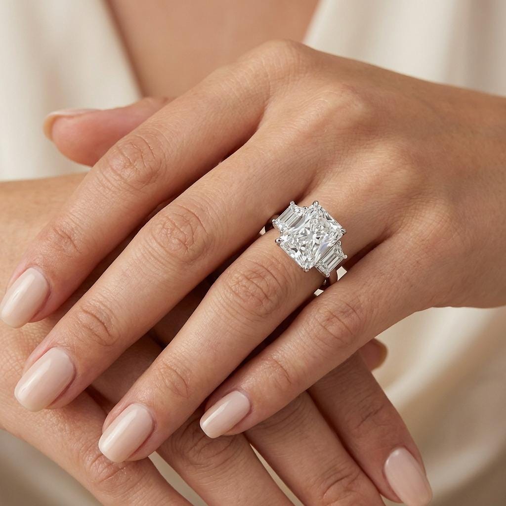 Radiant cut 5ct Moissanite Engagement Ring | Solid Gold Three Stone Wedding Anniversary Ring Gift for Wife | Big Carat Statement Ring image #2