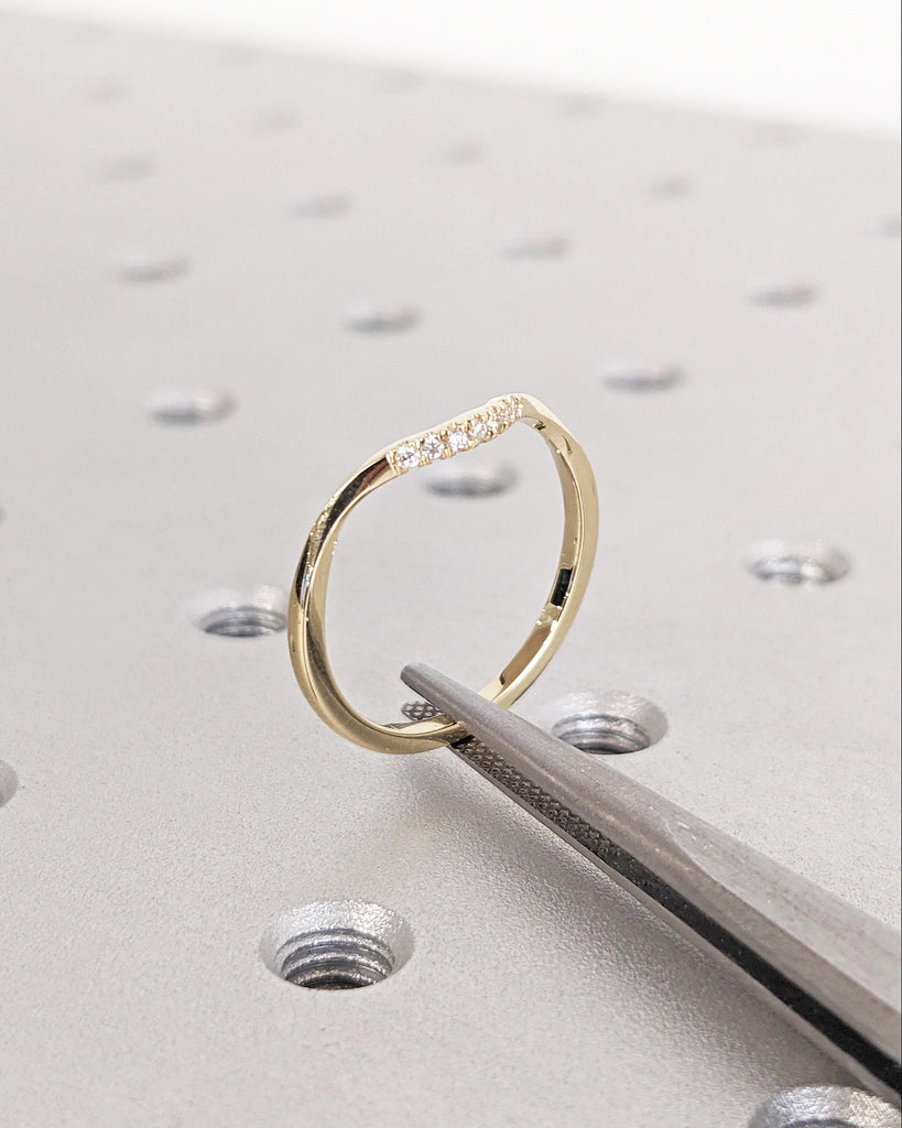Minimalist Curved Wedding Band: 1.5mm Thin, Matching Promise Ring with Pave Diamonds or Moissanites, Solid Gold Ring, Bridal Jewelry
