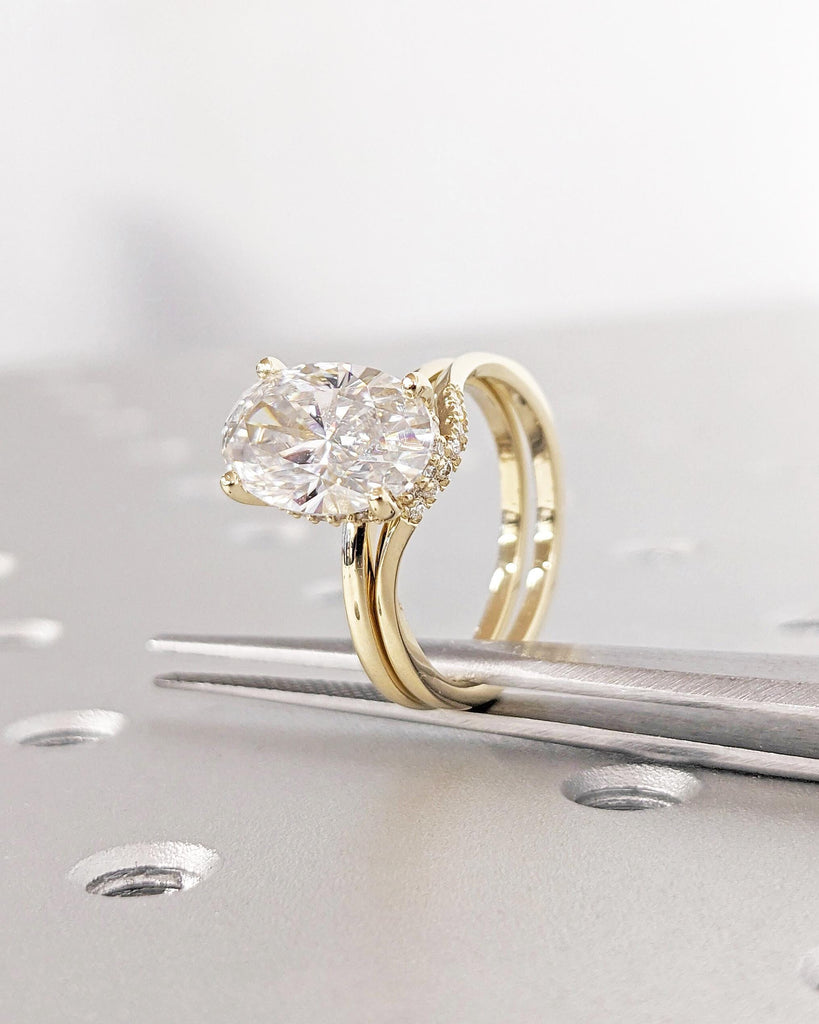 Oval Cut Moissanite Engagement Ring Set | Vintage Bridal Ring Set | Matching Wedding Ring | Oval Promise Ring with Hidden Halo Gold Ring Set