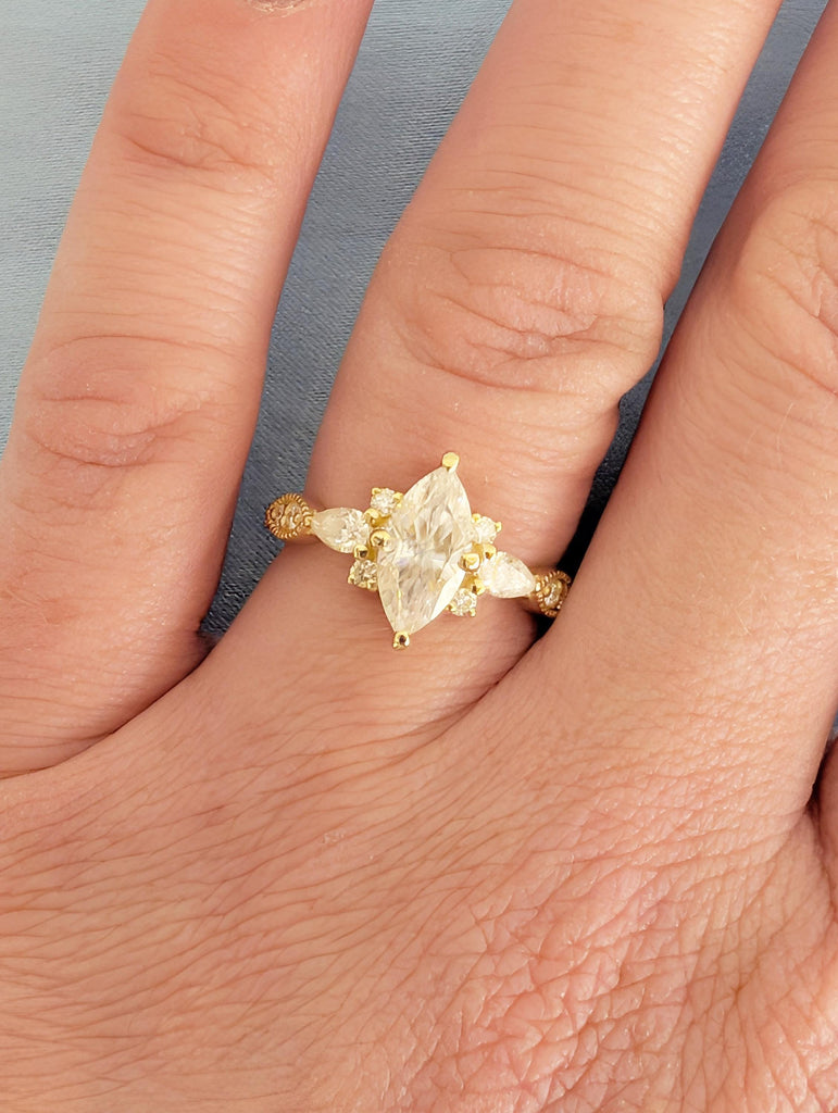Art Deco 14K Yellow Gold Engagement Ring, Marquise Moissanite Ring image #7