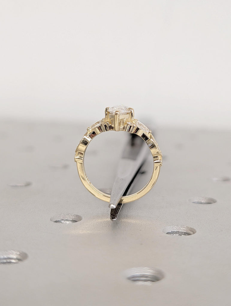 Art Deco 14K Yellow Gold Engagement Ring, Marquise Moissanite Ring image #3