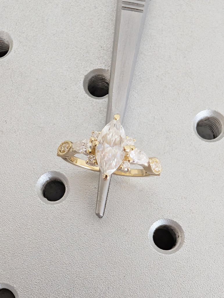 Art Deco 14K Yellow Gold Engagement Ring, Marquise Moissanite Ring image #16