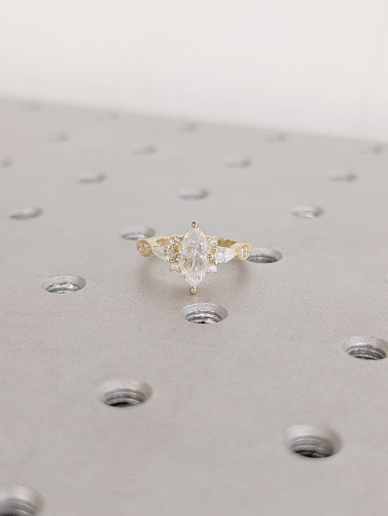 Art Deco 14K Yellow Gold Engagement Ring, Marquise Moissanite Ring image #12