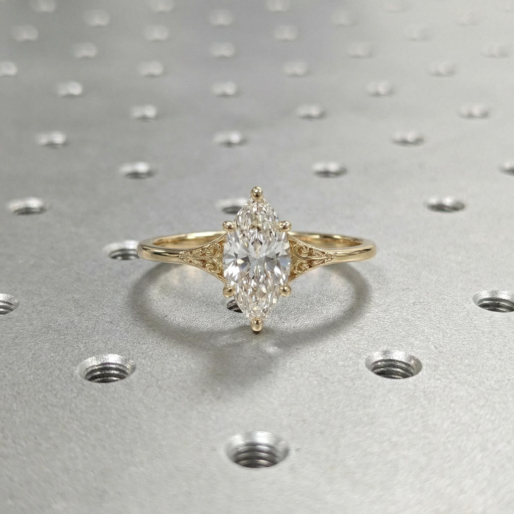 Vintage Victorian Filigree Moissanite Ring, 14K Solid Gold Solitaire Marquise Cut Moissanite Engagement Ring image #2
