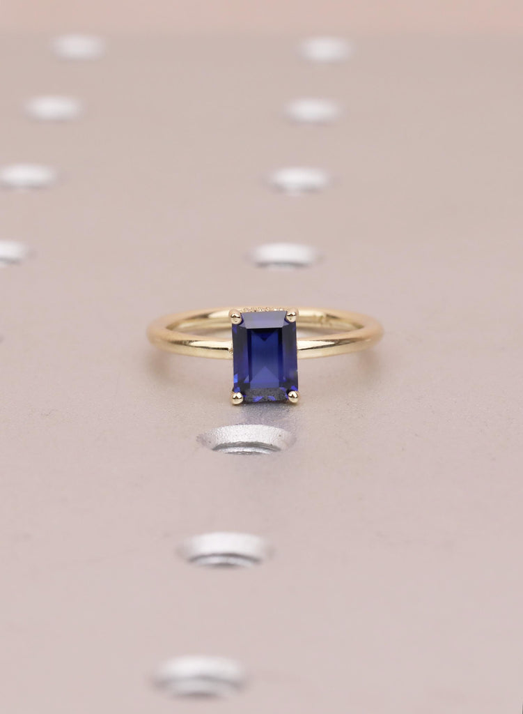 Emerald Cut Blue Sapphire Ring, 14k Solid Gold Hidden Halo Wedding Anniversary Ring, Bezel Set Diamond Statement Ring, Women's Proposal Ring image #9