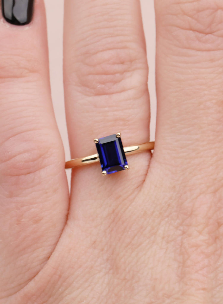Emerald Cut Blue Sapphire Ring, 14k Solid Gold Hidden Halo Wedding Anniversary Ring, Bezel Set Diamond Statement Ring, Women's Proposal Ring image #6