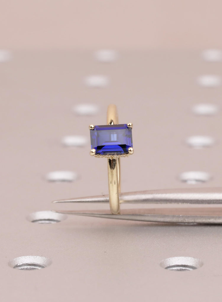 Emerald Cut Blue Sapphire Ring, 14k Solid Gold Hidden Halo Wedding Anniversary Ring, Bezel Set Diamond Statement Ring, Women's Proposal Ring image #13
