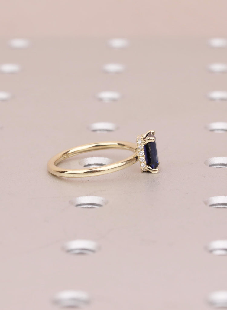 Emerald Cut Blue Sapphire Ring, 14k Solid Gold Hidden Halo Wedding Anniversary Ring, Bezel Set Diamond Statement Ring, Women's Proposal Ring image #10