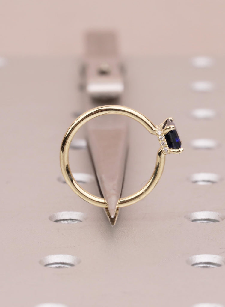Emerald Cut Blue Sapphire Ring, 14k Solid Gold Hidden Halo Wedding Anniversary Ring, Bezel Set Diamond Statement Ring, Women's Proposal Ring image #14