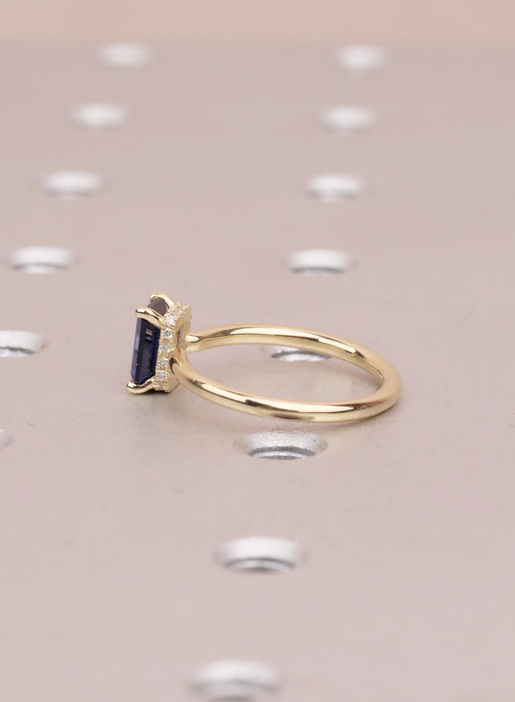 Emerald Cut Blue Sapphire Ring, 14k Solid Gold Hidden Halo Wedding Anniversary Ring, Bezel Set Diamond Statement Ring, Women's Proposal Ring image #12