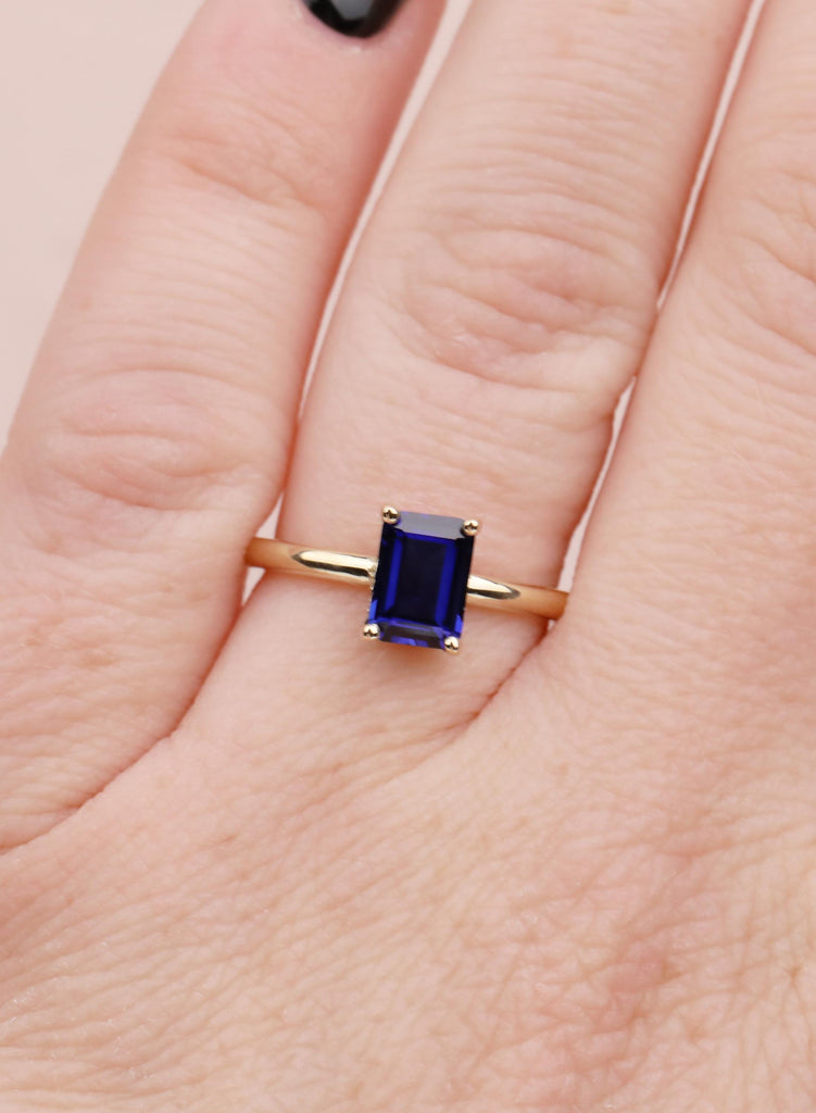 Emerald Cut Blue Sapphire Ring, 14k Solid Gold Hidden Halo Wedding Anniversary Ring, Bezel Set Diamond Statement Ring, Women's Proposal Ring image #5
