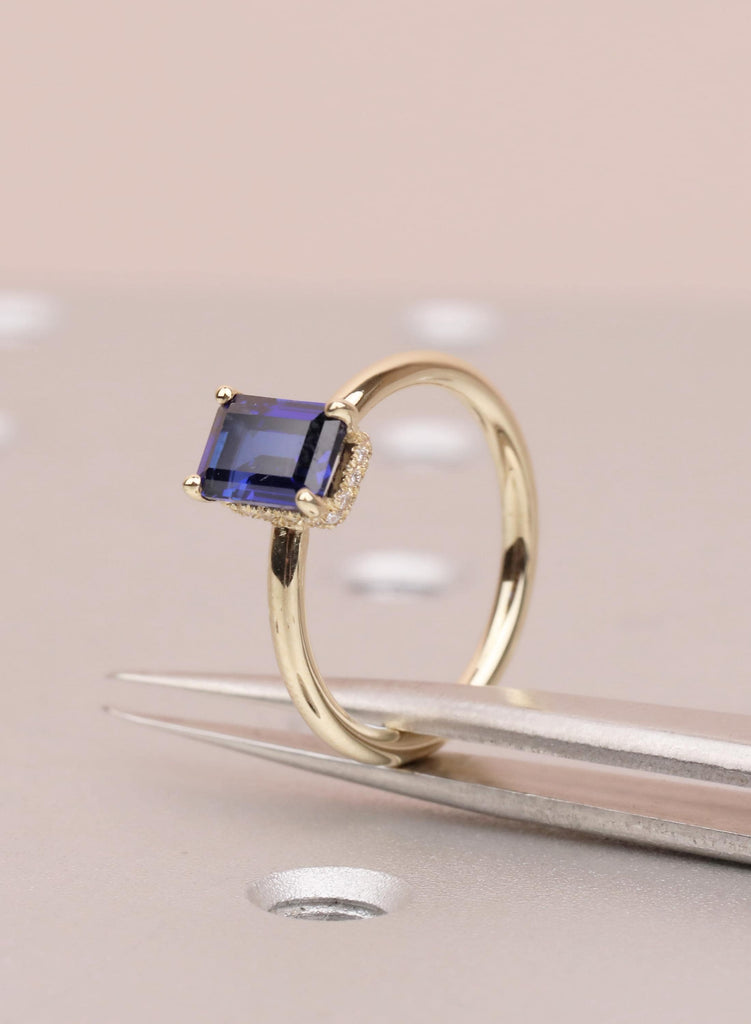 Emerald Cut Blue Sapphire Ring, 14k Solid Gold Hidden Halo Wedding Anniversary Ring, Bezel Set Diamond Statement Ring, Women's Proposal Ring