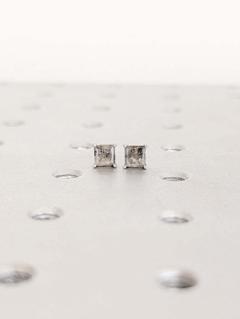 14k Solid White Gold Earrings, Princess Cut Salt and Pepper Diamond Stud Earrings image #11