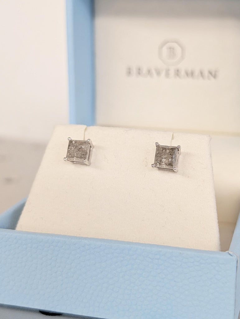 14k Solid White Gold Earrings, Princess Cut Salt and Pepper Diamond Stud Earrings image #15