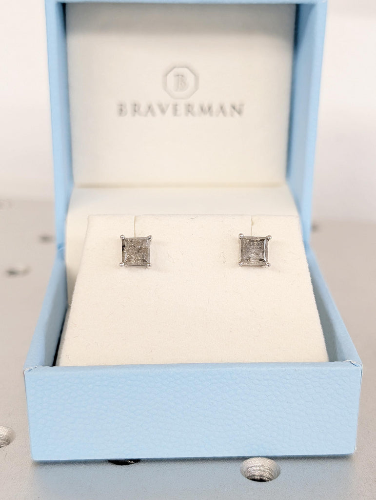 14k Solid White Gold Earrings, Princess Cut Salt and Pepper Diamond Stud Earrings image #9