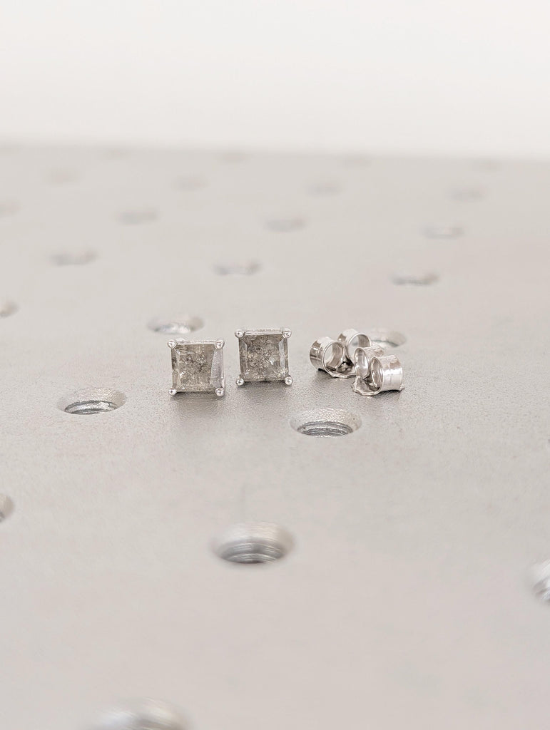 14k Solid White Gold Earrings, Princess Cut Salt and Pepper Diamond Stud Earrings image #13