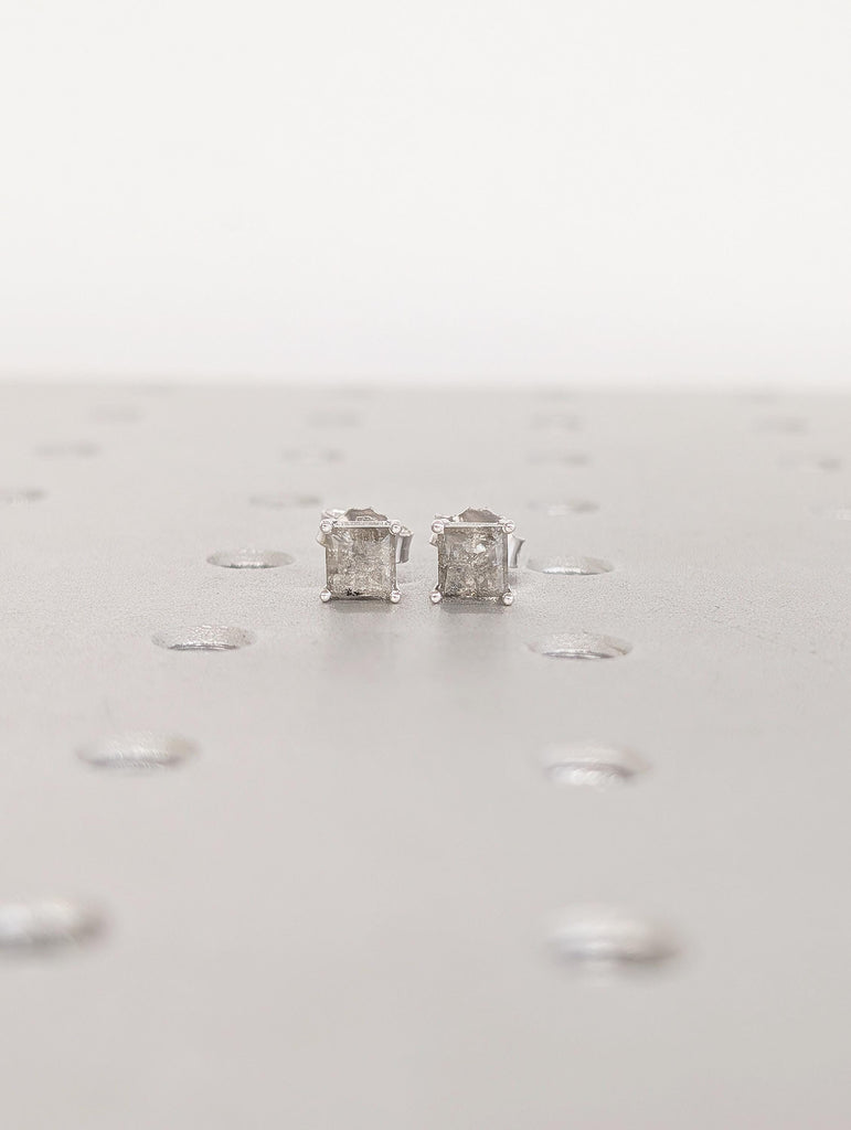 14k Solid White Gold Earrings, Princess Cut Salt and Pepper Diamond Stud Earrings image #18