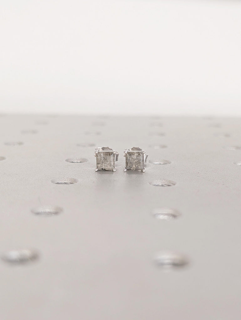 14k Solid White Gold Earrings, Princess Cut Salt and Pepper Diamond Stud Earrings image #17