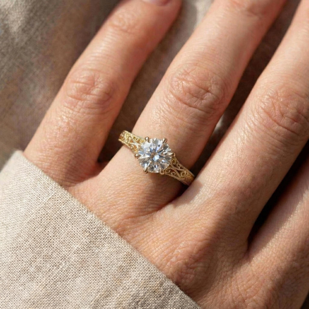 Vintage Heirloom Ring, Lab Grown Diamond Engagement Ring, Round Cut Victorian Filigree Band, 14k Yellow Gold Wedding Rings for Women image #3