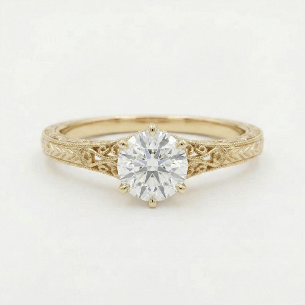 Vintage Heirloom Ring, Lab Grown Diamond Engagement Ring, Round Cut Victorian Filigree Band, 14k Yellow Gold Wedding Rings for Women image #4