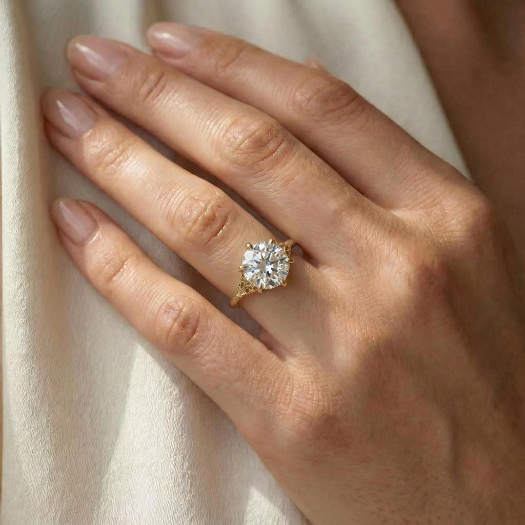 Vintage Lab Diamond Round Cut Victorian Filigree Ring, Gold Heirloom Proposal Ring, Custom Women's Wedding Anniversary Ring image #2