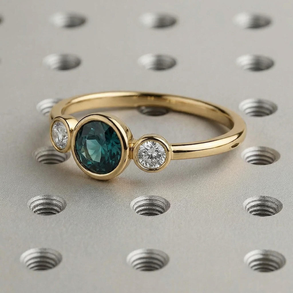 Round Cut Teal Sapphire Ring, Ocean Blue Green Sapphire Promise Ring, 14K Gold Sapphire Engagement Ring, Bezel Set Sapphire and Diamond Ring image #3